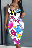 Red Casual Cartoon Graffiti Print U Neck Sleeveless Vacation Bodycon Midi Tank Dress