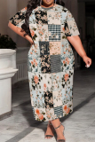 Teal Graphics Print O Neck Half Sleeve Casual Vacation Plus Size T-shirt Maxi Dresses
