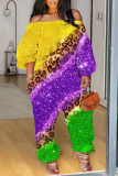 Yellow Purple Graphics Print Off Shoulder Long Sleeve Pockets Casual Vacation Plus Size Harem Jumpsuits
