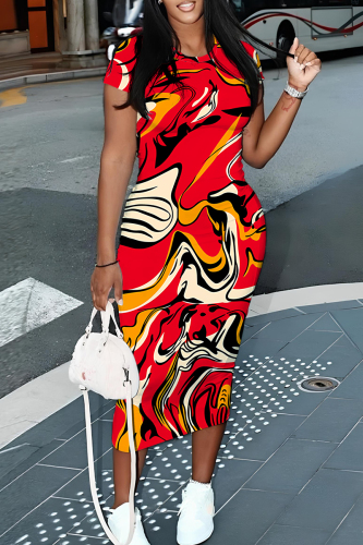 Red Gradient Floral Print O Neck Short Sleeve Bodycon Midi T-shirt Dress