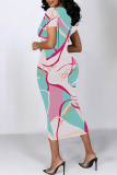 Red Gradient Floral Print O Neck Short Sleeve Bodycon Midi T-shirt Dress