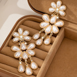 White Party Evening Pearls Decor Flowers Earrings