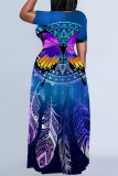 Reddish Brown Graphics Print Short Sleeve O Neck Floor Length Loose Vacation Baggy Maxi T-shirt Dress