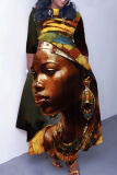 Brown Casual African Figure Print O Neck 3/4 Sleeve Belted Pockets Long Vacation Pleated Maxi Dresses