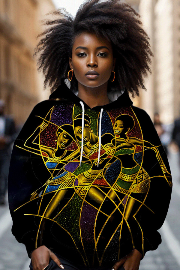Black Gold Casual Figure Print Long Sleeve Fall Winter Hooded Sweatshirt