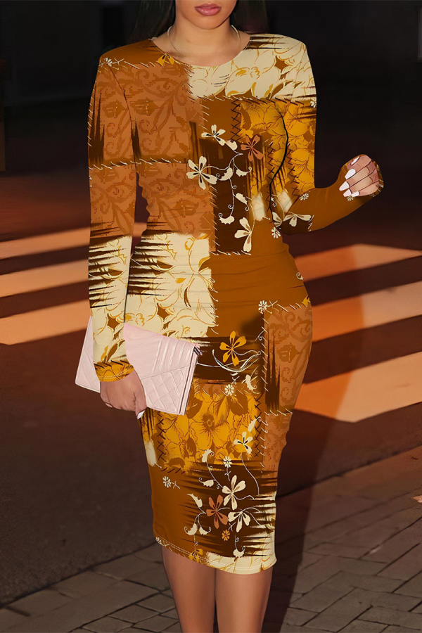 Off White Floral Print U Neck Long Sleeve Long Casual Outing Bodycon Maxi Dress