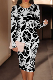 Off White Floral Print U Neck Long Sleeve Long Casual Outing Bodycon Maxi Dress