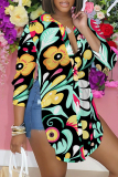 Dark Green Casual Floral Print Shirt Collar Long Sleeve Vacation Side Slit Blouse
