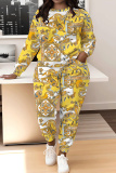 Khaki Graphics Print O Neck Long Sleeve Sweatshirt And Drawstring Pants Sportwear Casual Two Pieces Sweatpant Set