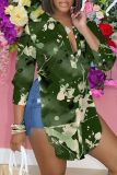 Dark Green Casual Floral Print Shirt Collar Long Sleeve Vacation Side Slit Blouse