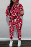 Red Love Print Zipper Collar Long Sleeve Sweatshirt And Pants Casual Sportwear Two Pieces Jogger Sets