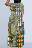 Yellow Green Flowers Plaid Ombre Print V Neck Short Sleeve Floor Length Baggy Vacation Casual Maxi T-shirt Dresses