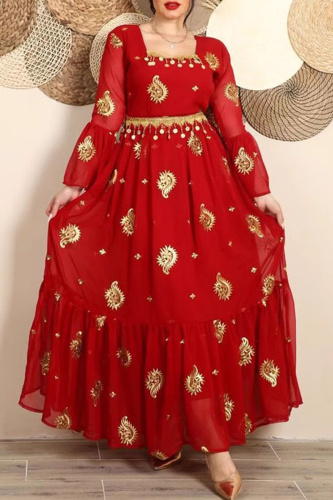 Red Graphics Print Square Neck Long Sleeve Ruffle Hem Long Loose Vacation Maxi Dresses