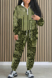 Army Green Graphics Print Zipper Collar Long Sleeve Sweatshirt And Pants Casual Sportwear Two Pieces Jogger Sets
