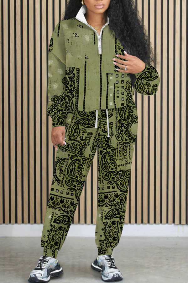 Army Green Graphics Print Zipper Collar Long Sleeve Sweatshirt And Pants Casual Sportwear Two Pieces Jogger Sets