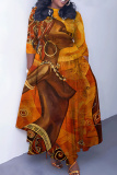 Brown Casual African Figure Print O Neck 3/4 Sleeve Belted Pockets Long Vacation Pleated Maxi Dresses