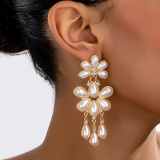 White Party Evening Pearls Decor Flowers Earrings