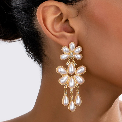 White Party Evening Pearls Decor Flowers Earrings