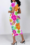 Black Flowers Floral Print O Neck Short Sleeve Bodycon Midi T-shirt Dress