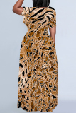 Tan Tiger Stripes Leopard Print Short Sleeve O Neck Floor Length Loose Vacation Baggy Maxi T-shirt Dress