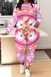 Khaki Graphics Print O Neck Long Sleeve Sweatshirt And Drawstring Pants Sportwear Casual Two Pieces Sweatpant Set