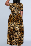 Tan Tiger Stripes Leopard Print Short Sleeve O Neck Floor Length Loose Vacation Baggy Maxi T-shirt Dress