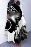 Multicolor Casual Graphics Print O Neck 3/4 Sleeve Belted Pockets Long Vacation Pleated Maxi Dresses