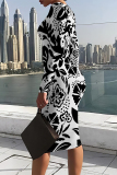 Off White Floral Print U Neck Long Sleeve Long Casual Outing Bodycon Maxi Dress