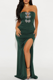 Dark Green Bow Decor Strapless Side Slit  Formal Evening Party Prom Wedding Tube Maxi Dresses