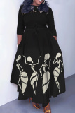 Multicolor Casual Graphics Print O Neck 3/4 Sleeve Belted Pockets Long Vacation Pleated Maxi Dresses