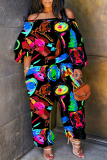 Rose Graphics Print Off Shoulder Long Lantern Sleeve Loose Casual Overall Jumpsuits