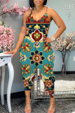 Blue White Graphics Print Sleeveless Backless V Neck Spaghetti Strap Vacation Loose Casual Cami Jumpsuits