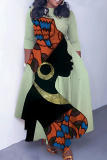 Brown Casual African Figure Print O Neck 3/4 Sleeve Belted Pockets Long Vacation Pleated Maxi Dresses