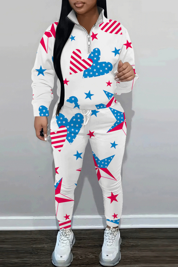 White Graphics Print Zipper Collar Long Sleeve Sweatshirt And Pants Casual Sportwear Two Pieces Jogger Sets