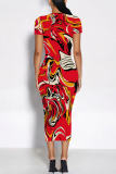 Red Gradient Floral Print O Neck Short Sleeve Bodycon Midi T-shirt Dress