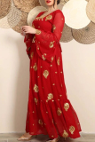 Red Graphics Print Square Neck Long Sleeve Ruffle Hem Long Loose Vacation Maxi Dresses