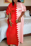 Red Colorblock Print V Neck Long Half Sleeves African Straight Loose Casual Plus Size Kaftan Maxi Velvet Dress