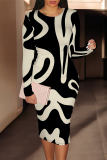 Off White Floral Print U Neck Long Sleeve Long Casual Outing Bodycon Maxi Dress