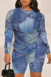 Grey Faux Denim Print O Neck Long Sleeve Sweatshirt And Shorts Casual Two Pieces Shorts Sets