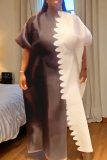 Red Colorblock Print V Neck Long Half Sleeves African Straight Loose Casual Plus Size Kaftan Maxi Velvet Dress