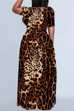 Tan Tiger Stripes Leopard Print Short Sleeve O Neck Floor Length Loose Vacation Baggy Maxi T-shirt Dress