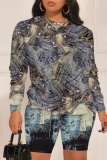 Grey Faux Denim Print O Neck Long Sleeve Sweatshirt And Shorts Casual Two Pieces Shorts Sets