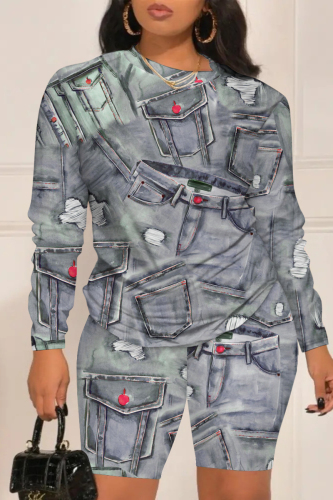 Grey Faux Denim Print O Neck Long Sleeve Sweatshirt And Shorts Casual Two Pieces Shorts Sets