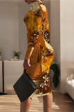 Off White Floral Print U Neck Long Sleeve Long Casual Outing Bodycon Maxi Dress
