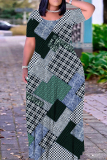 Yellow Green Flowers Plaid Ombre Print V Neck Short Sleeve Floor Length Baggy Vacation Casual Maxi T-shirt Dresses