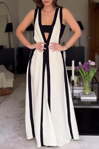 White V Neck Sleeveless Stringy Selvedge Casual Loose Vacation Maxi Tank Dresses