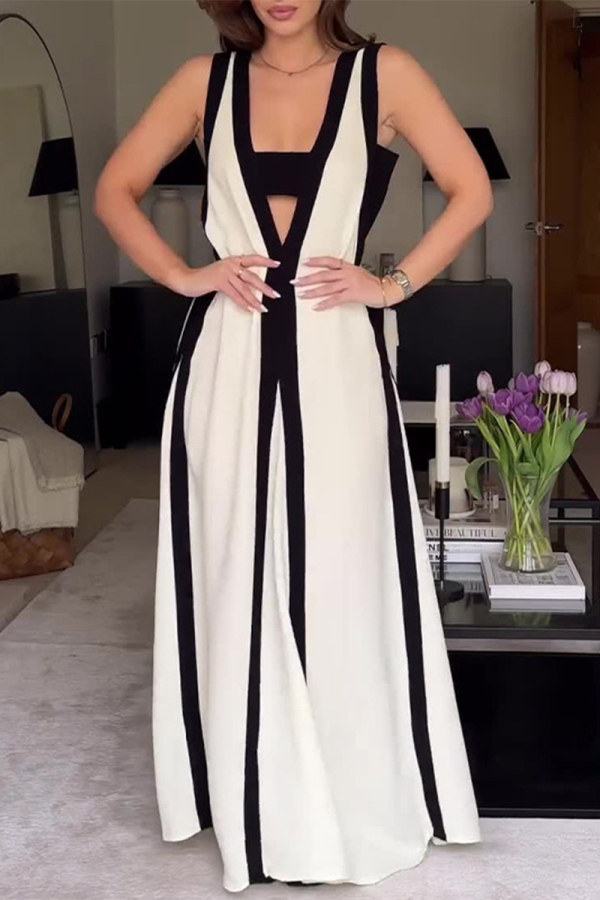 White V Neck Sleeveless Stringy Selvedge Casual Loose Vacation Maxi Tank Dresses