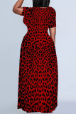 Tan Tiger Stripes Leopard Print Short Sleeve O Neck Floor Length Loose Vacation Baggy Maxi T-shirt Dress