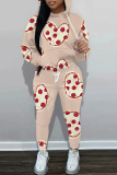 Red Love Print Zipper Collar Long Sleeve Sweatshirt And Pants Casual Sportwear Two Pieces Jogger Sets