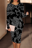 Off White Floral Print U Neck Long Sleeve Long Casual Outing Bodycon Maxi Dress